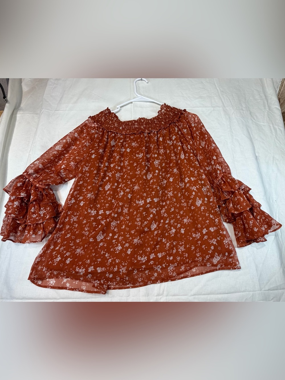 CeCe Rust Floral Smocked-Neck Blouse - Picture 2 of 6